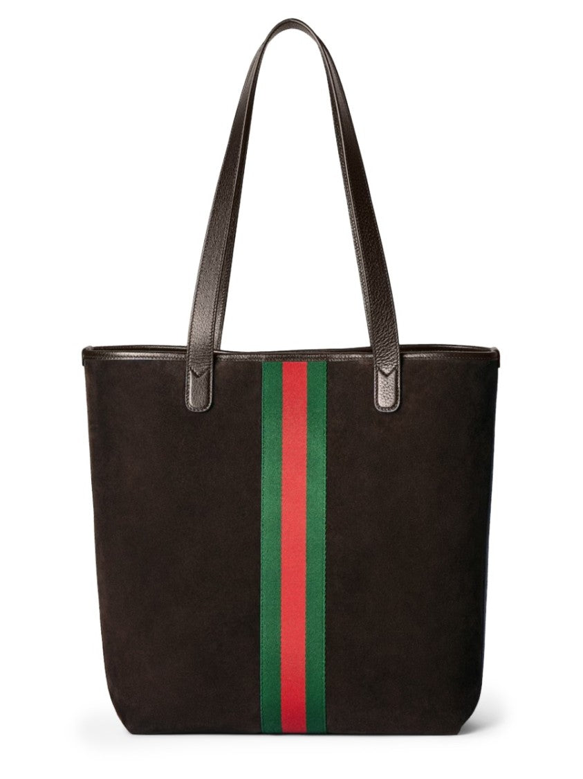 Gucci Structured Calfskin Shopping Bag With Signature Web Stripe