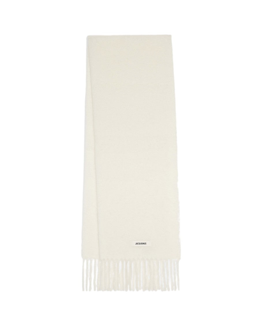 Jacquemus Fringe Detail Wool Blend Scarf With Embroidered Logo