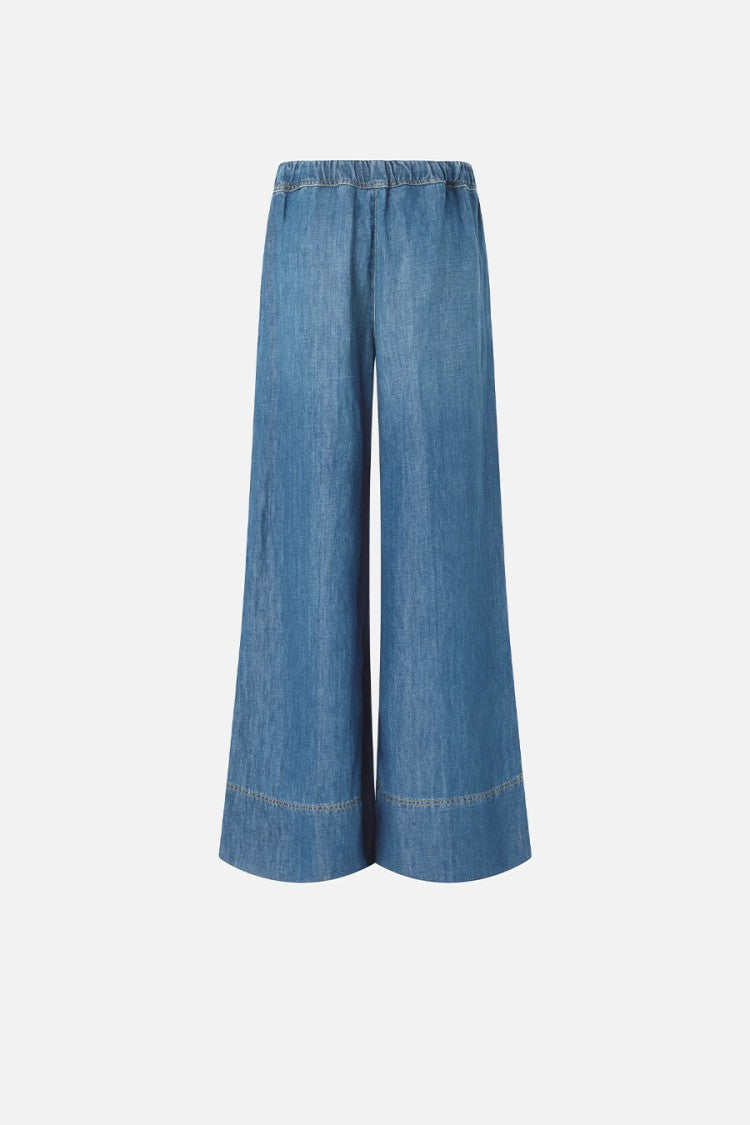 Pinko Blue Cuffed Contrast-Stitched Cotton-Linen Wide-Leg Pants