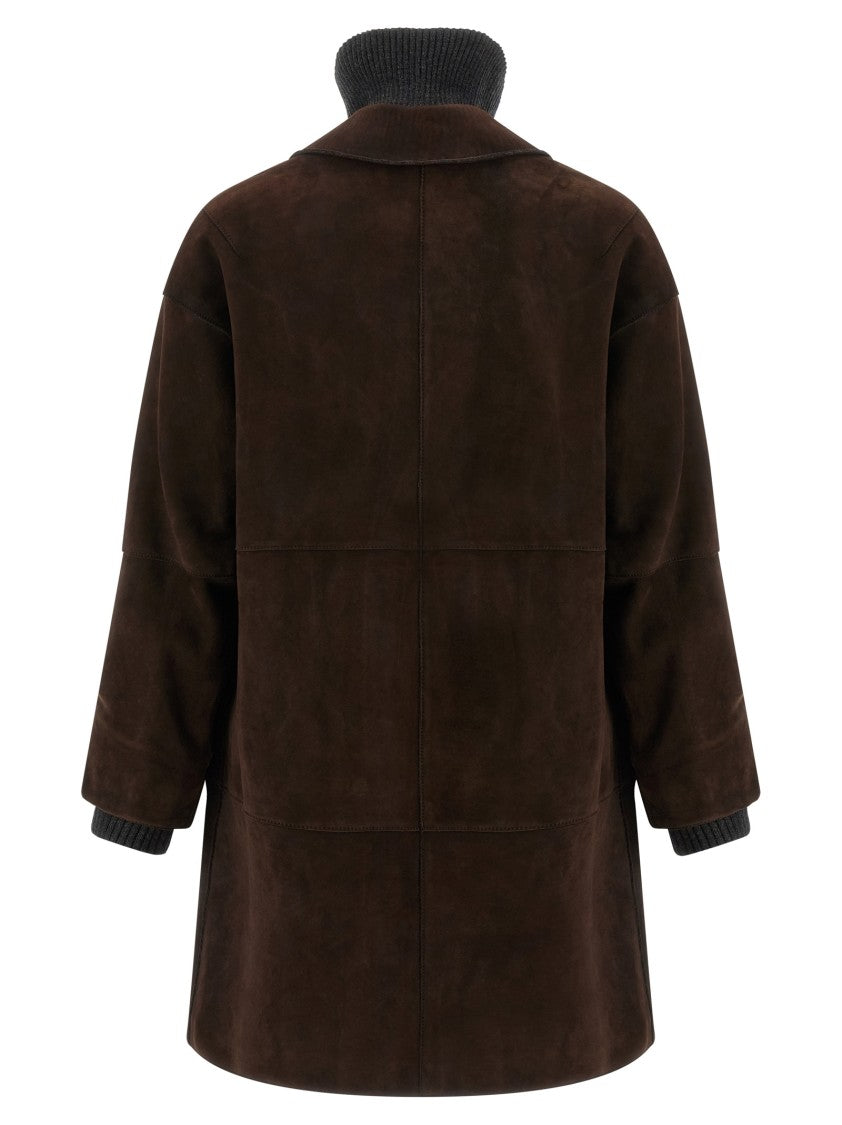 P.A.R.O.S.H. Suede Coat With Knit Insert And Front Button Closure
