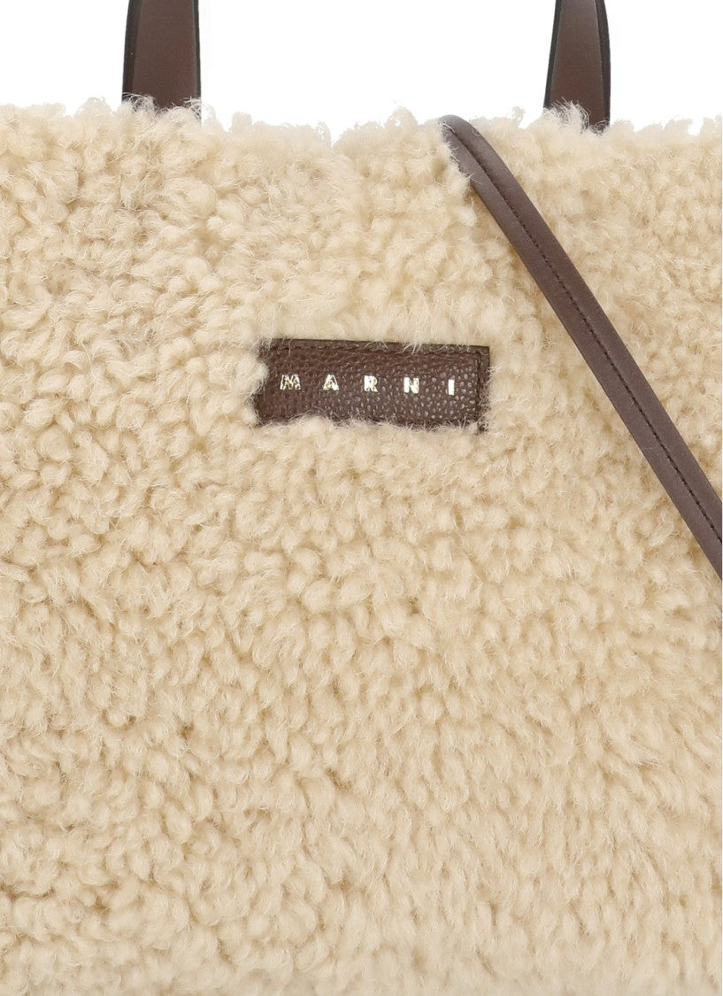 Marni Beige Fur-Front Gold Logo Leather Shoulder Bag