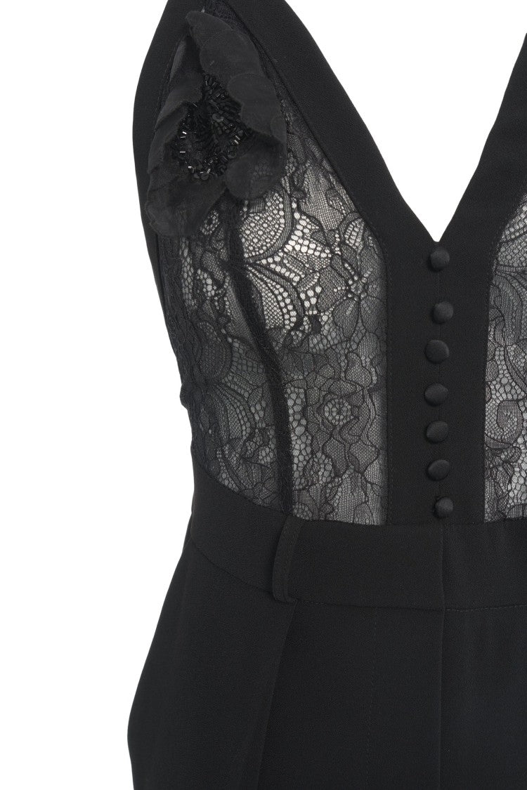 Elisabetta Franchi Wide-Leg Crêpe Jumpsuit With Lace Inserts And Pearl Embroidery