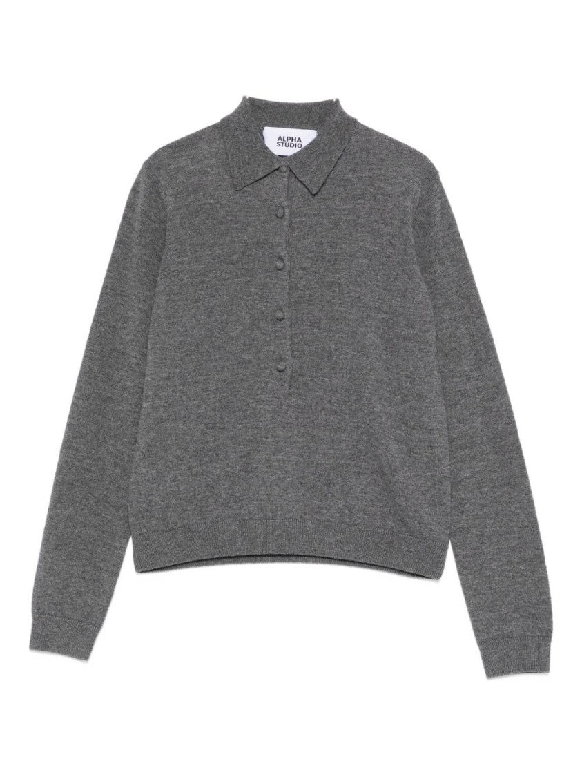 Alpha Studio Grey Knit Sweater With Classic Polo Collar And Tailored Fit