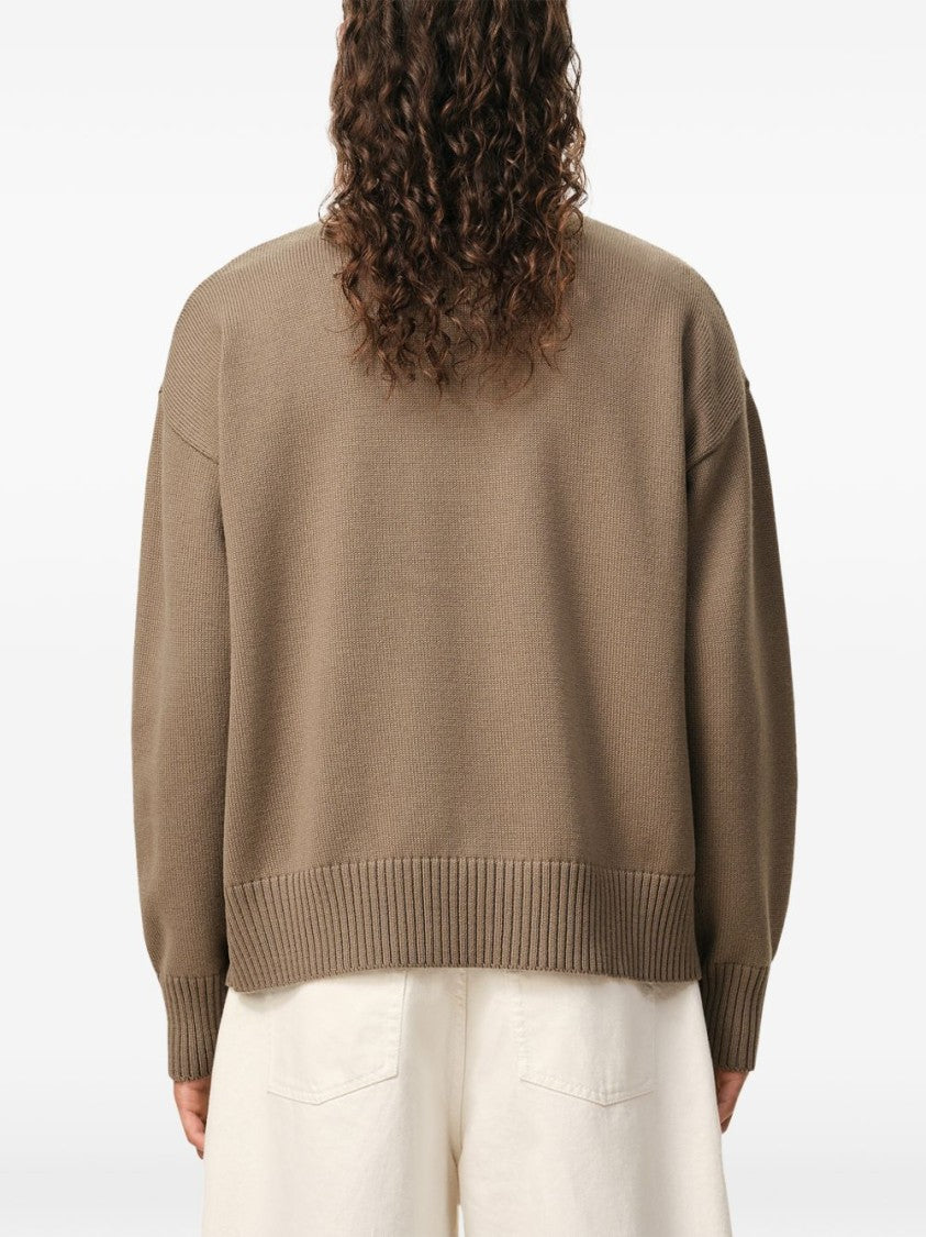 Ami Paris Taupe Beige Intarsia Knit Ribbed Sweater