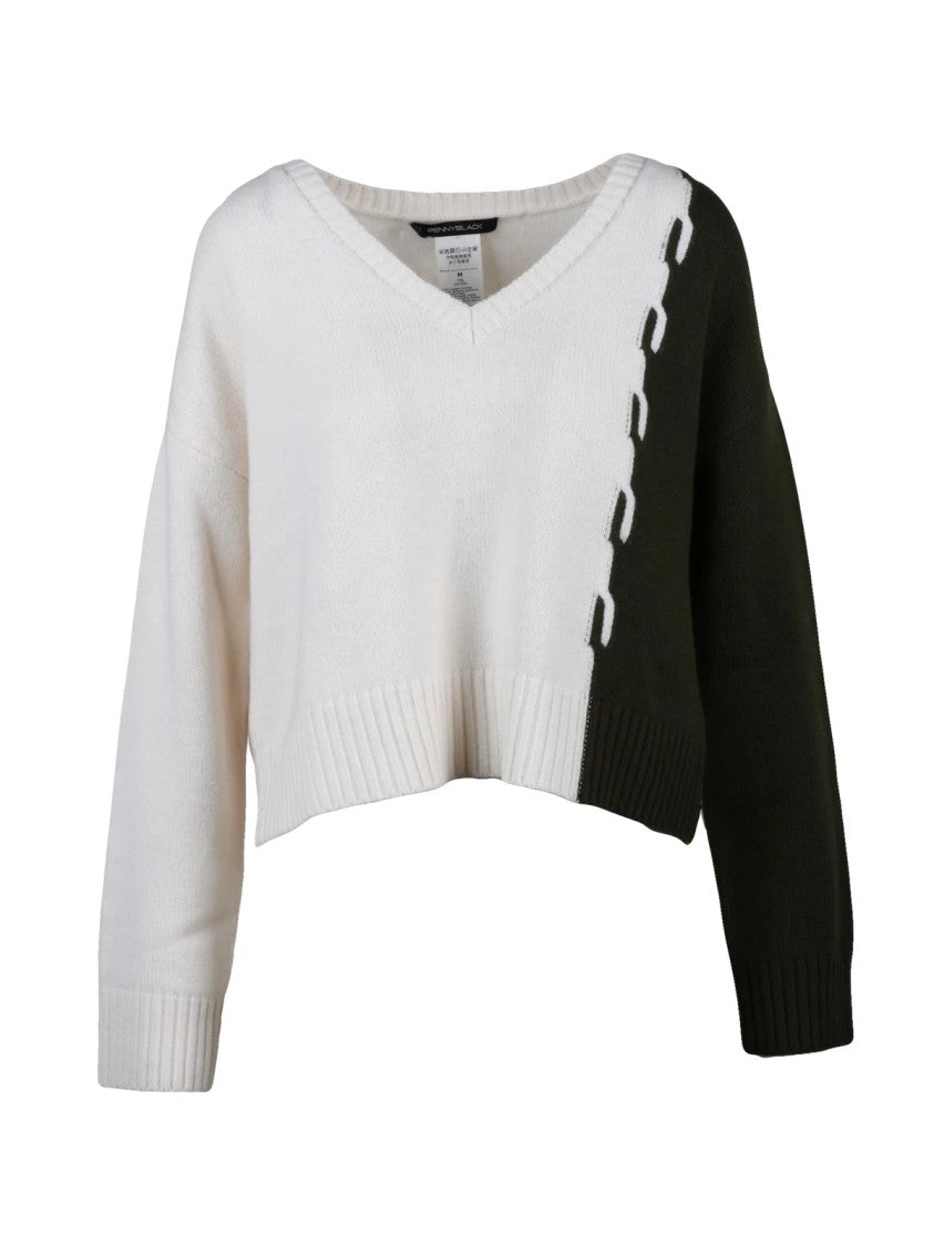 Pennyblack Cropped V-Neck Wool Sweater With Color-Block Design
