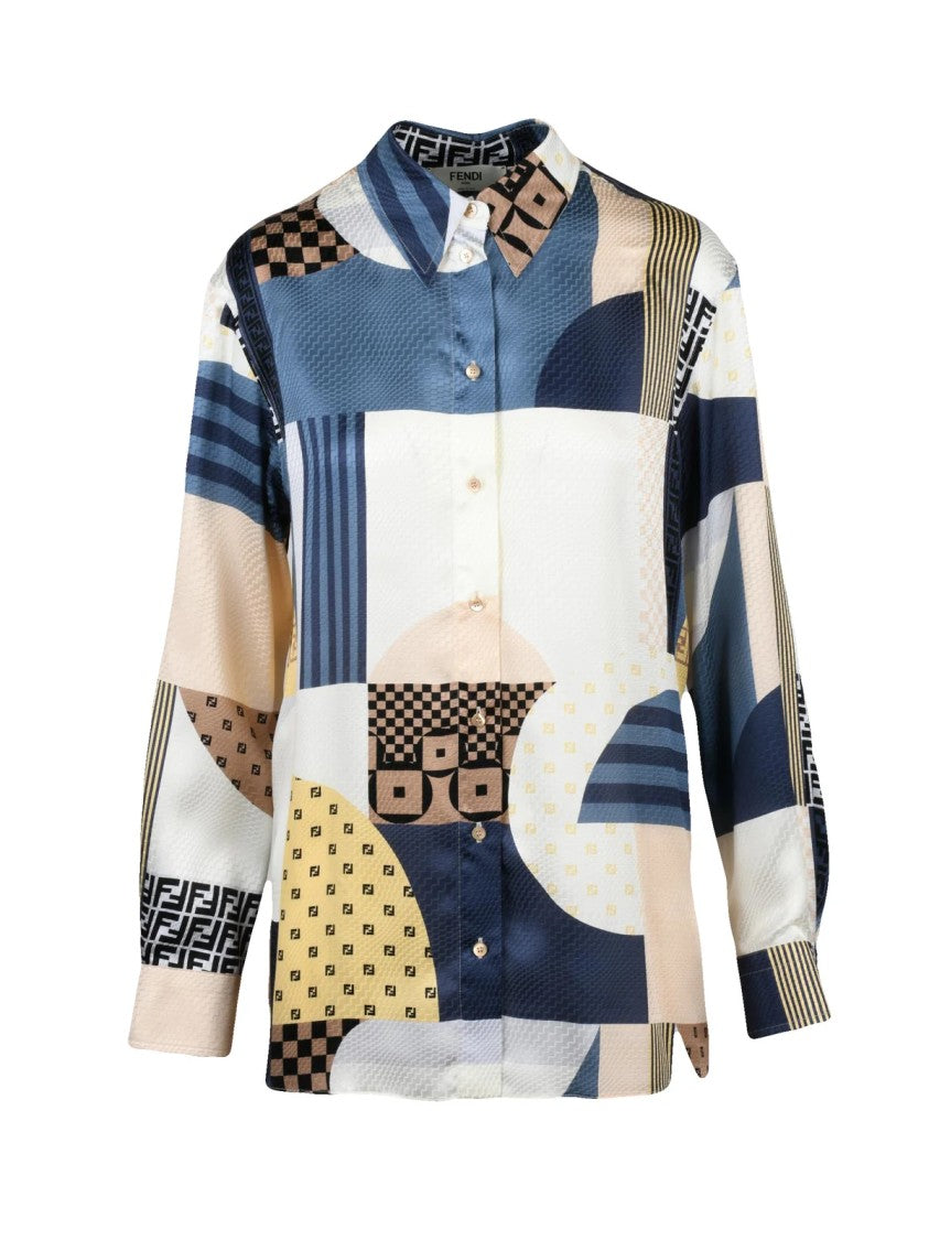 Fendi Abstract Geometric Pattern Silk Shirt With Classic Collar