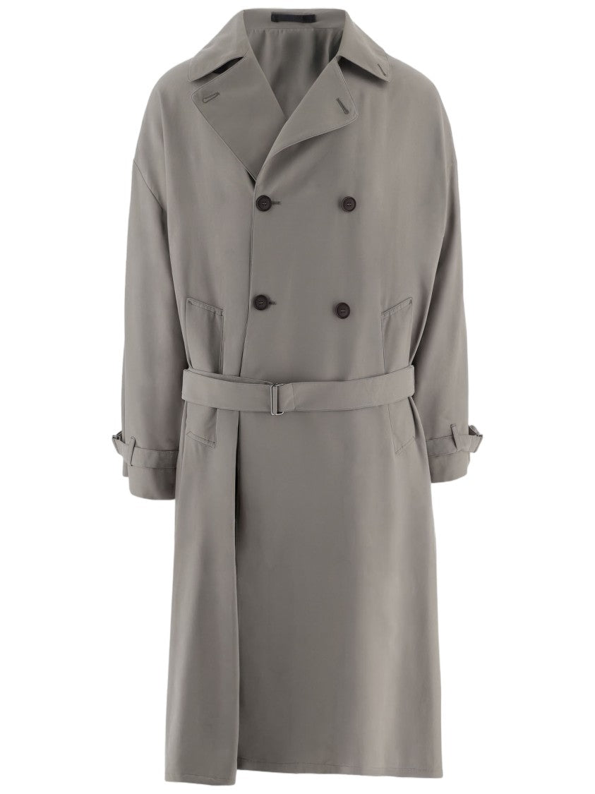 Giorgio Armani Double-Breasted Light Gray Nylon Coat With Waist Belt