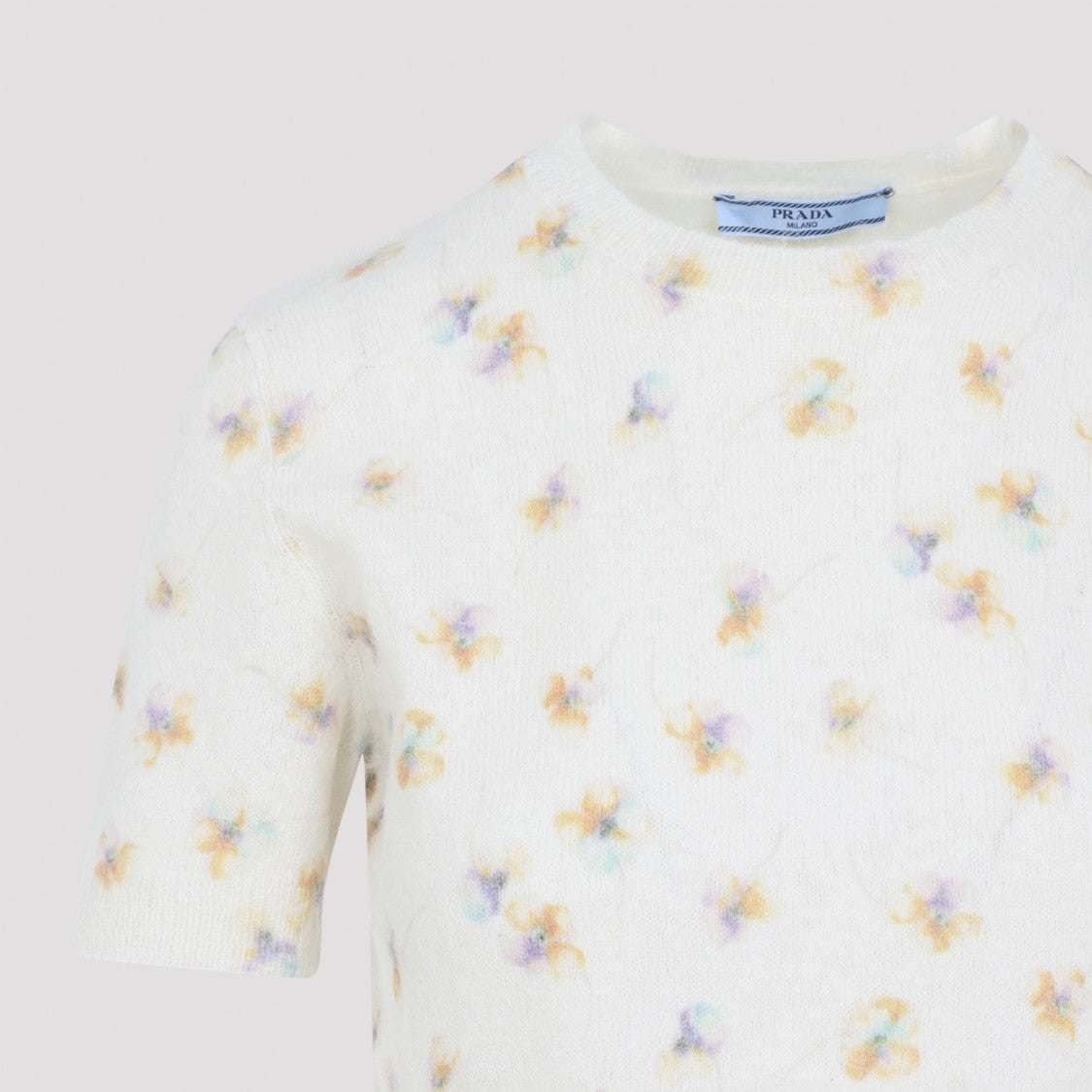 Prada White Wool Pullover With Multicolor Floral Inlay