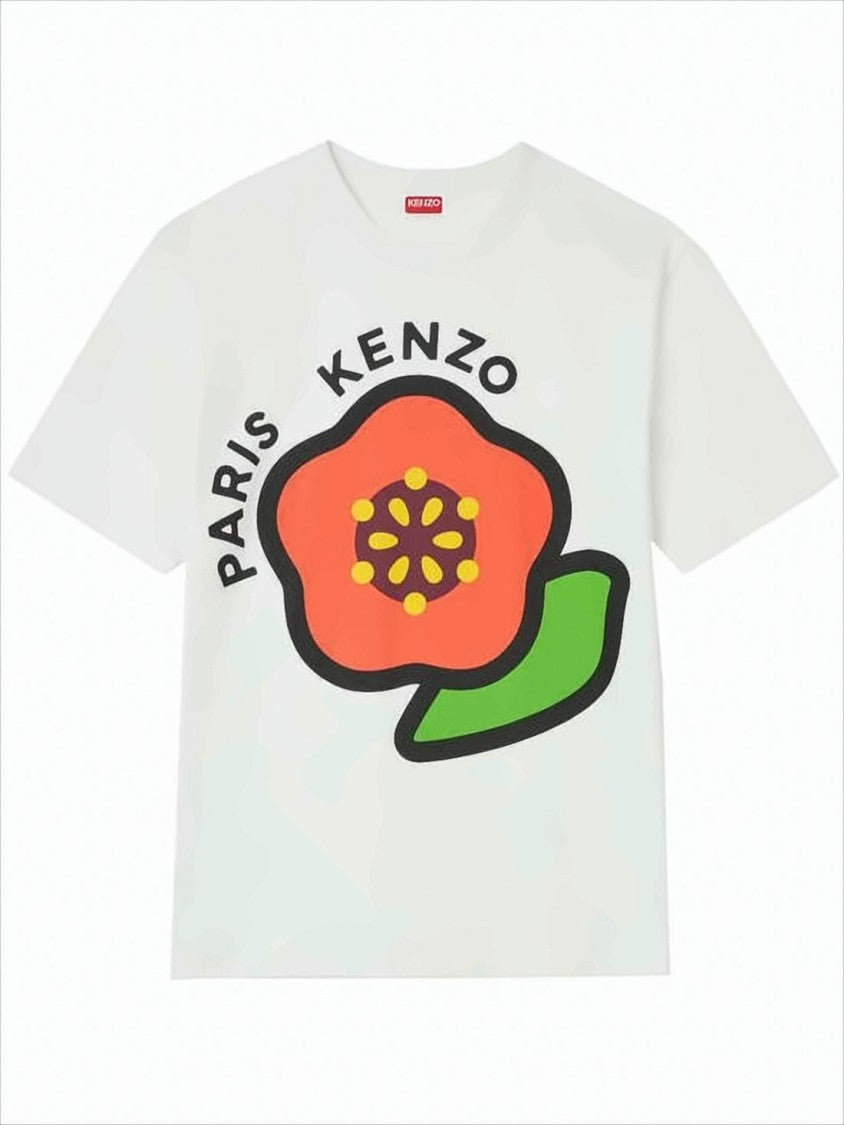 Kenzo Short-Sleeved White Cotton T-Shirt With Bold Floral Graphic