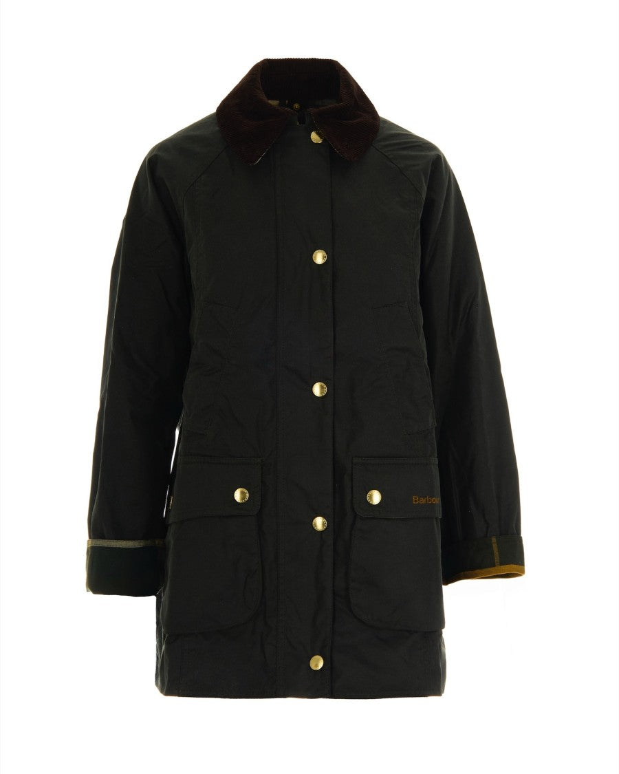 Barbour Waxed Cotton Jacket With Corduroy Collar And Tartan Lining