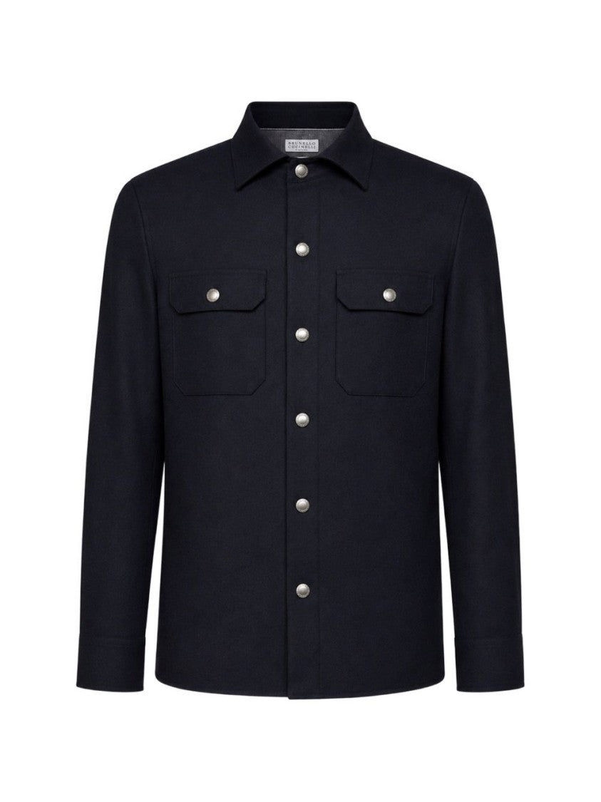 Brunello Cucinelli Black Virgin Wool Pointed Collar Shirt