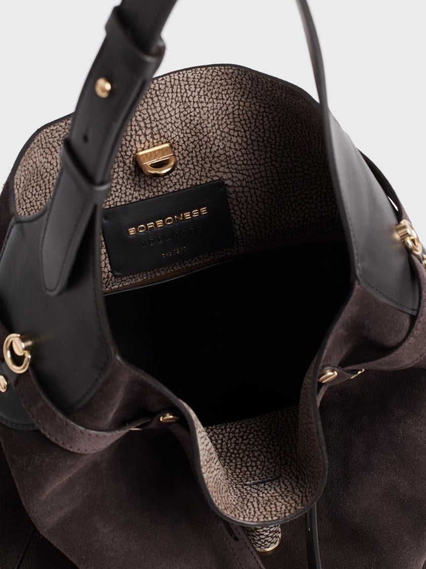 Borbonese Medium-Sized Bucket Bag In Soft Suede With Gold Accents