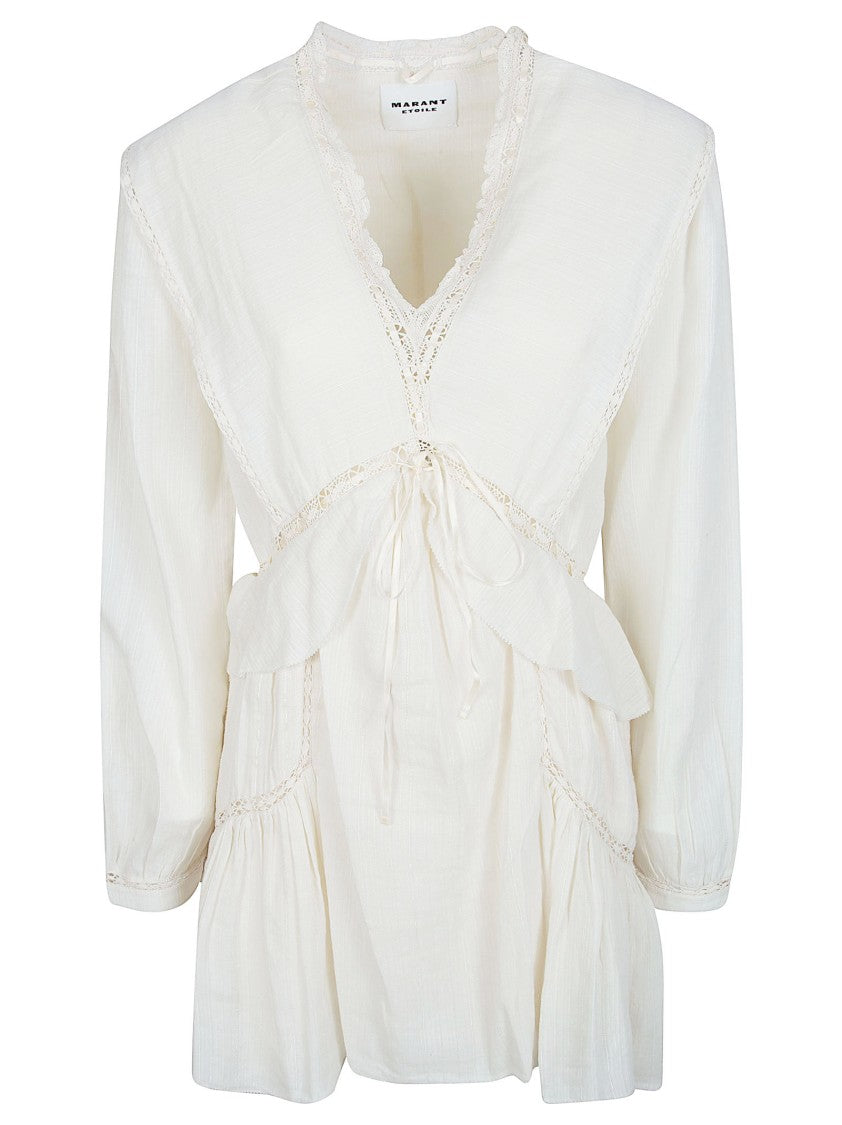 Isabel Marant Étoile Ecru Mini Dress With Lace Trims And Ruffled Hem