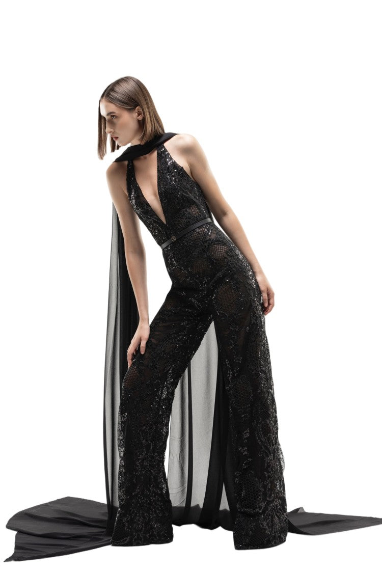 Saiid Kobeisy Intricate Embroidered Lace Jumpsuit With Flowing Cape