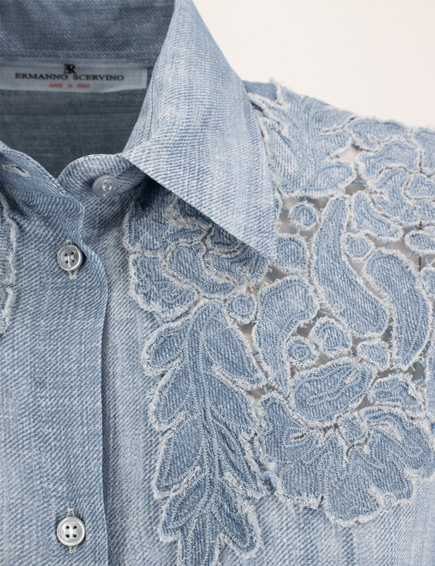 Ermanno Scervino Floral Lace Shoulder Shirt In Vintage Jeans Fabric