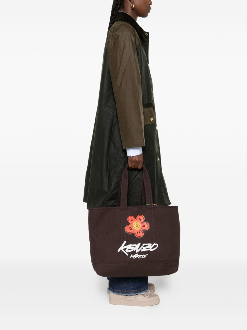 Kenzo Dark Brown Floral Print Canvas Tote