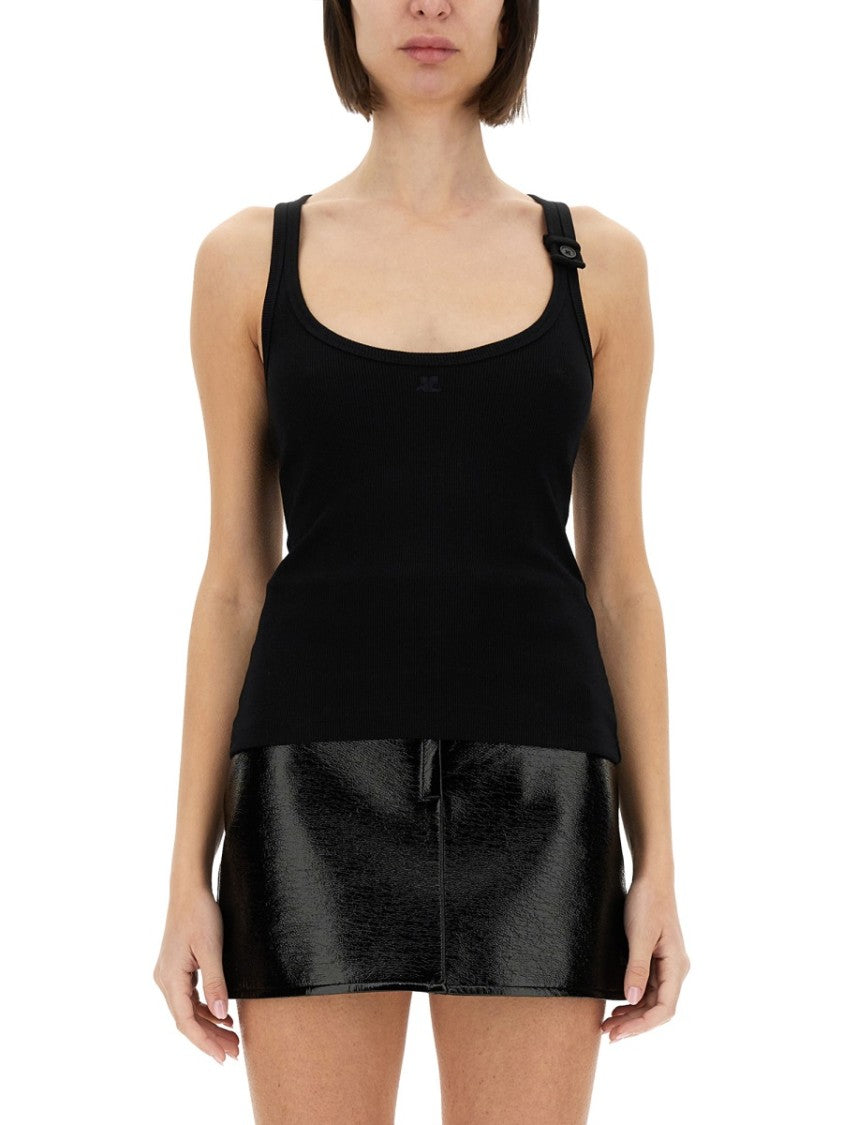 Courrèges Ribbed Black Tank Top With Adjustable Straps