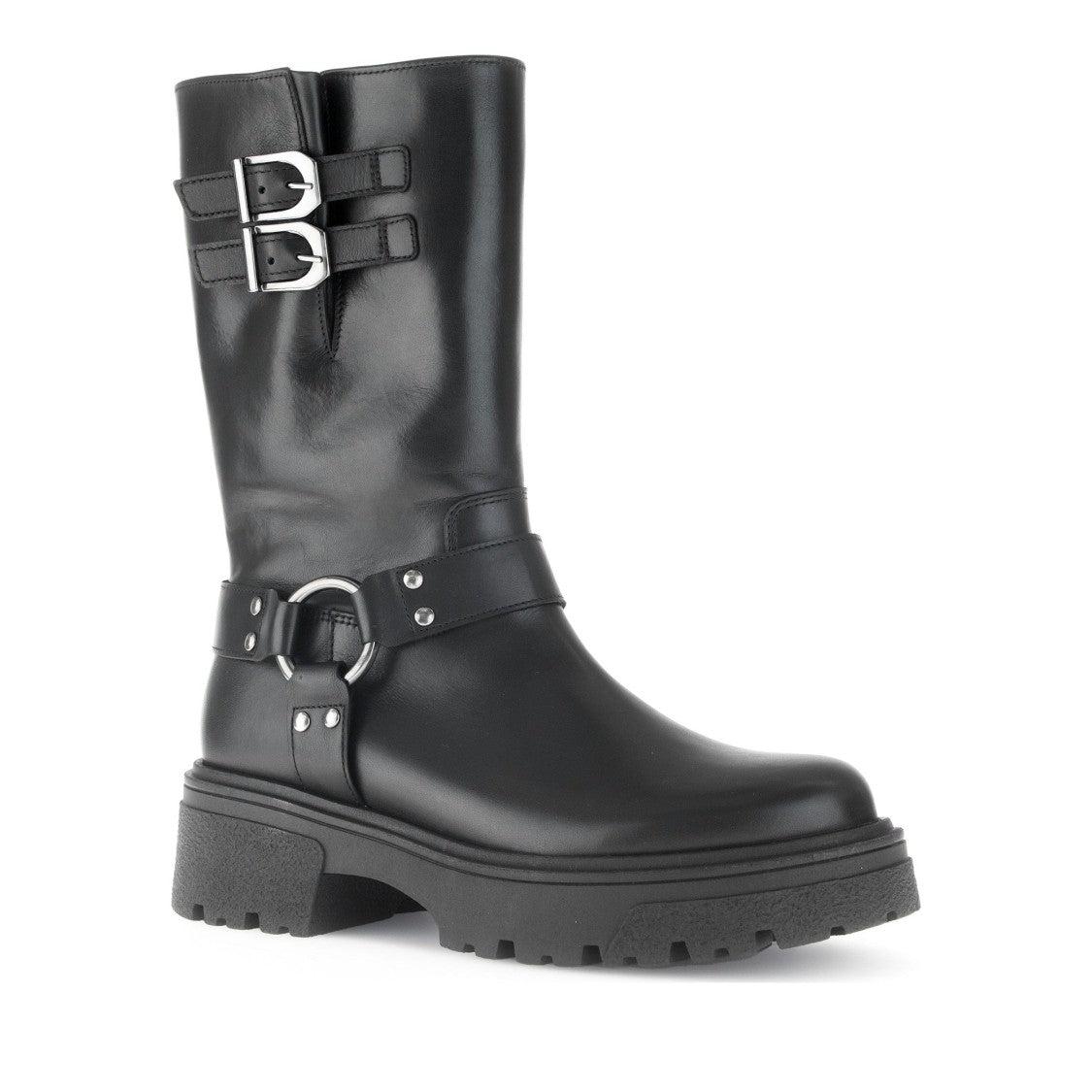 Gabor Black Chunky Sole Decorative Buckle Leather Boots