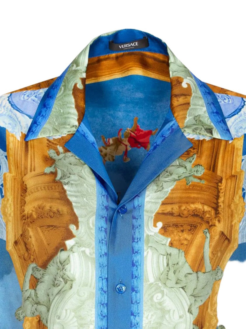 Versace Short-Sleeved Silk Twill Shirt With Fresco Print