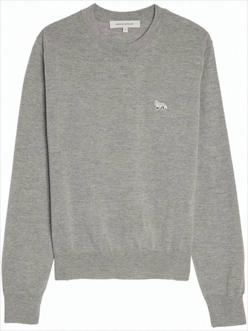 Maison Kitsuné Heather Grey Wool Sweater With Embroidered Fox Emblem