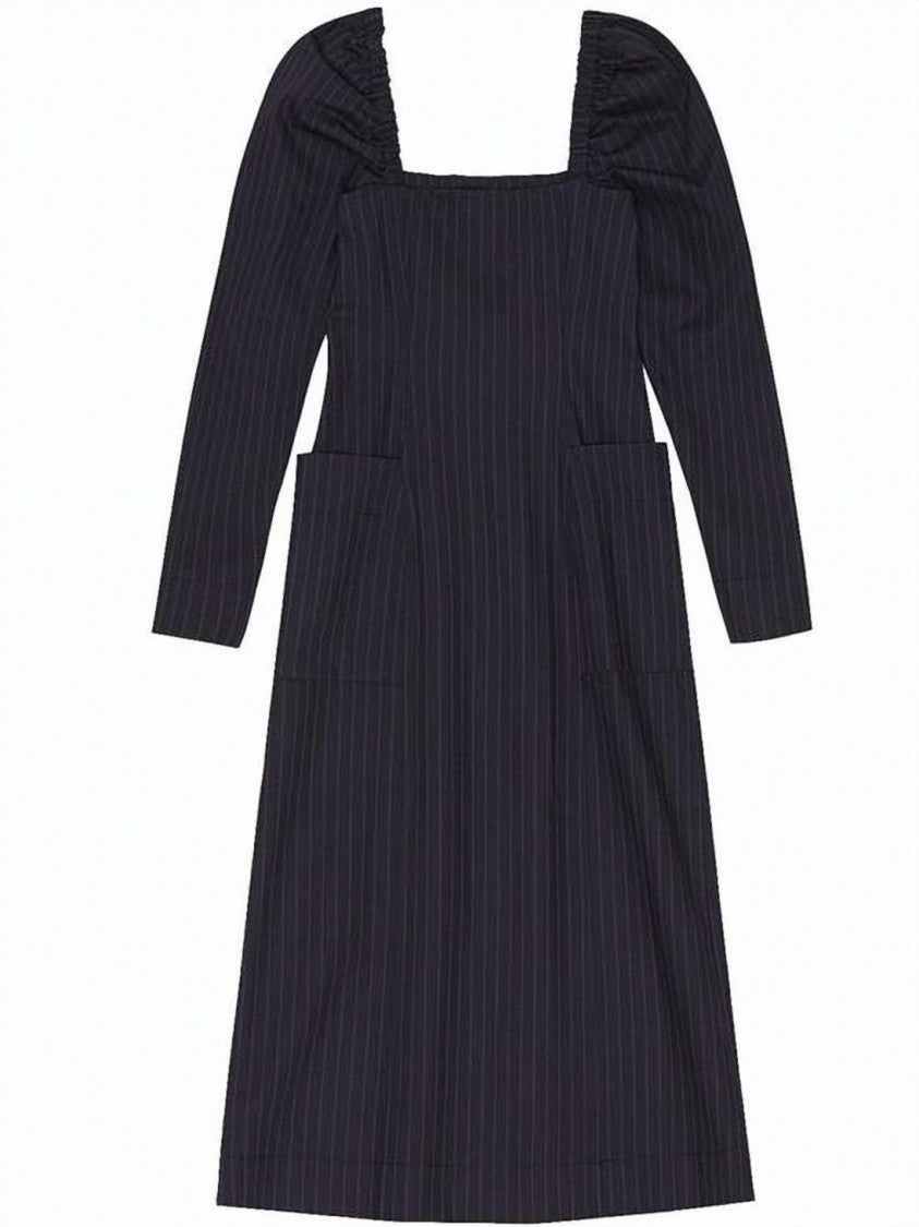Ganni Pinstriped Midi Dress With Puffed Sleeves