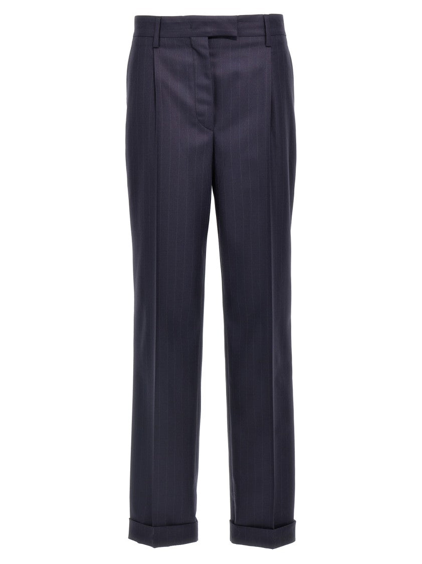 Prada Pinstripe Gabardine Trousers With Tailored Pleat And Turn-Up Hem