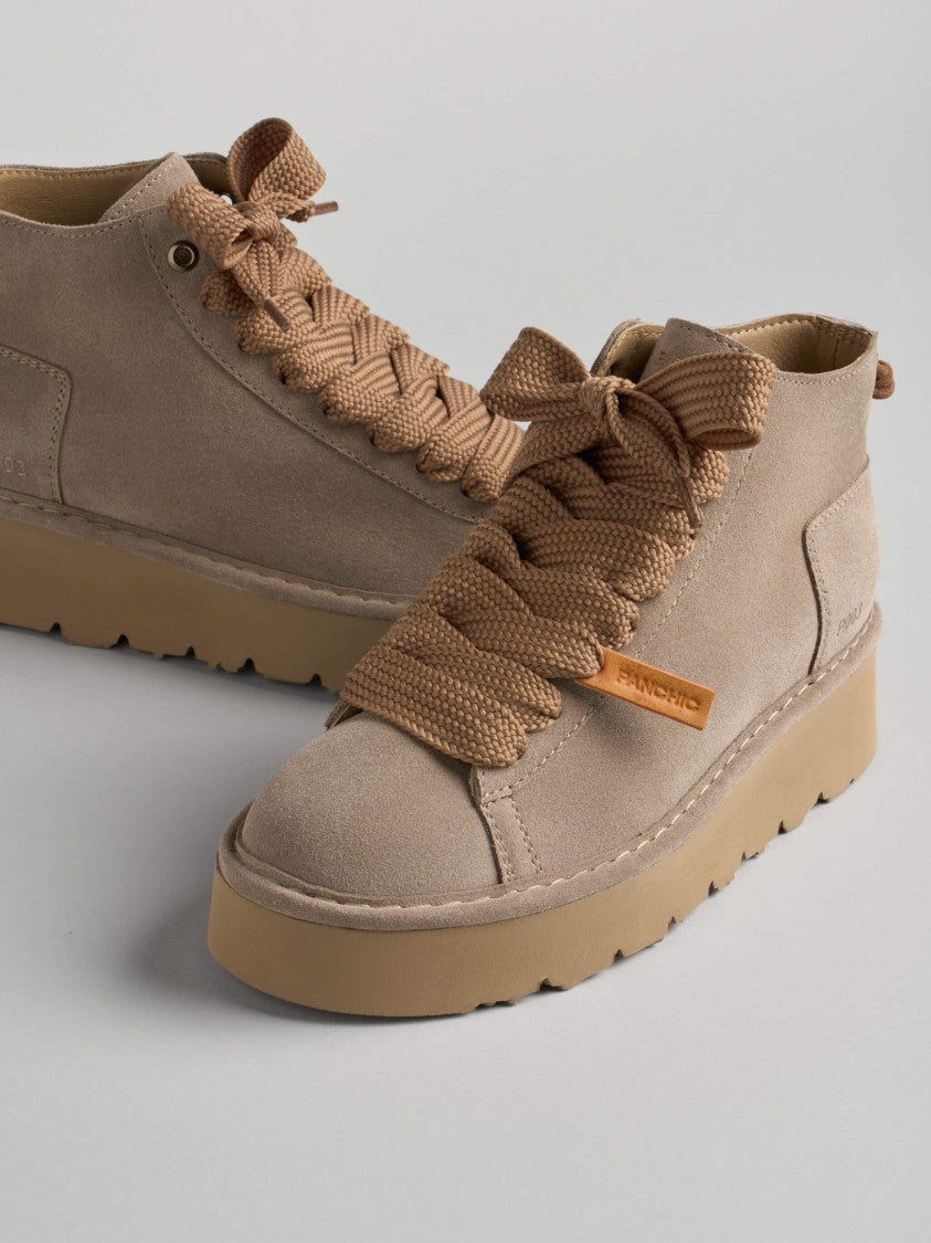 Panchic Mid-Top Beige Suede Sneakers With Textured Laces