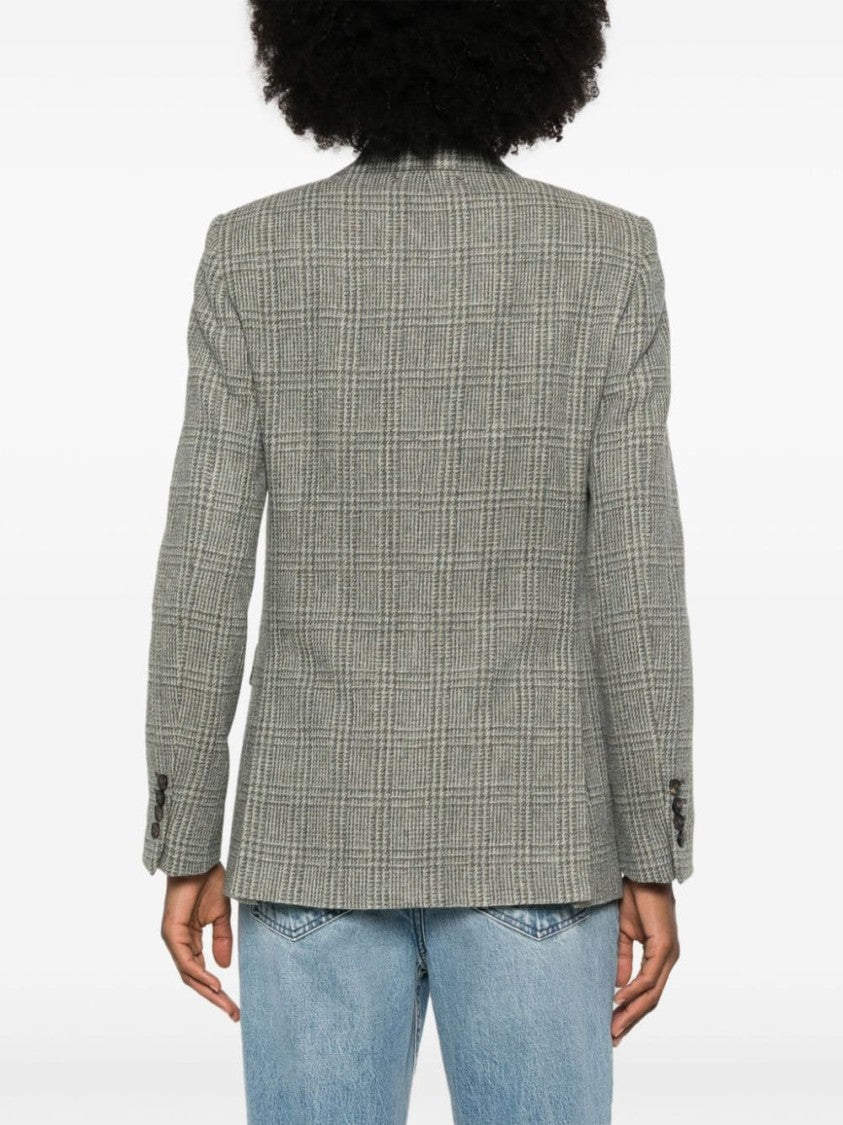 Golden Goose Grey Virgin Wool Check Pattern Double-Breasted Jacket