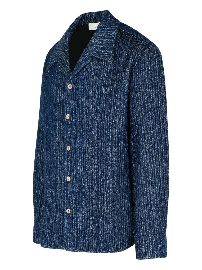 Séfr Textured Blue Ribbed Wes Shirt With Classic Collar