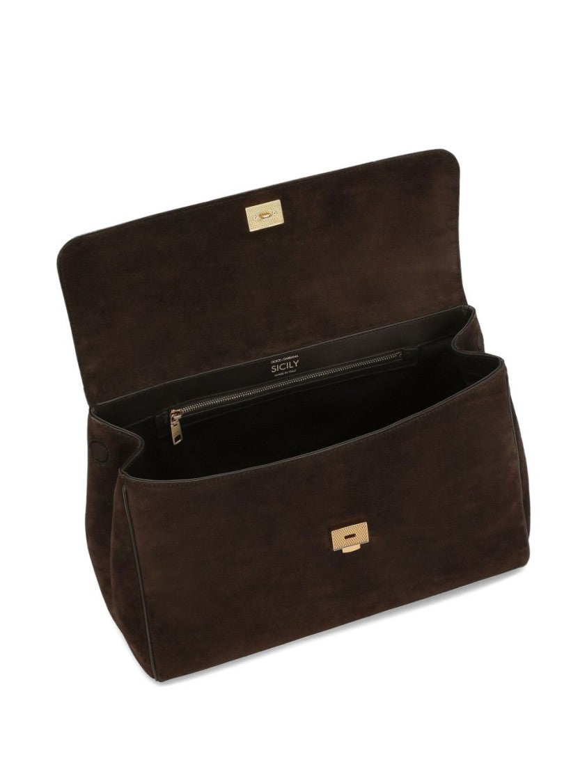 Dolce & Gabbana Structured Brown Suede Handbag With Gold-Tone Lock