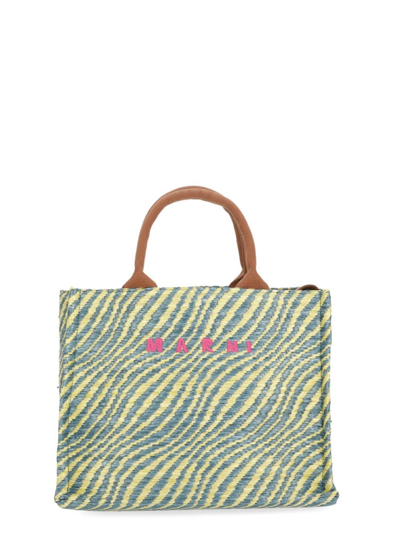 Marni Rectangular Shopping Bag With Contrasting Logo And Striped Pattern