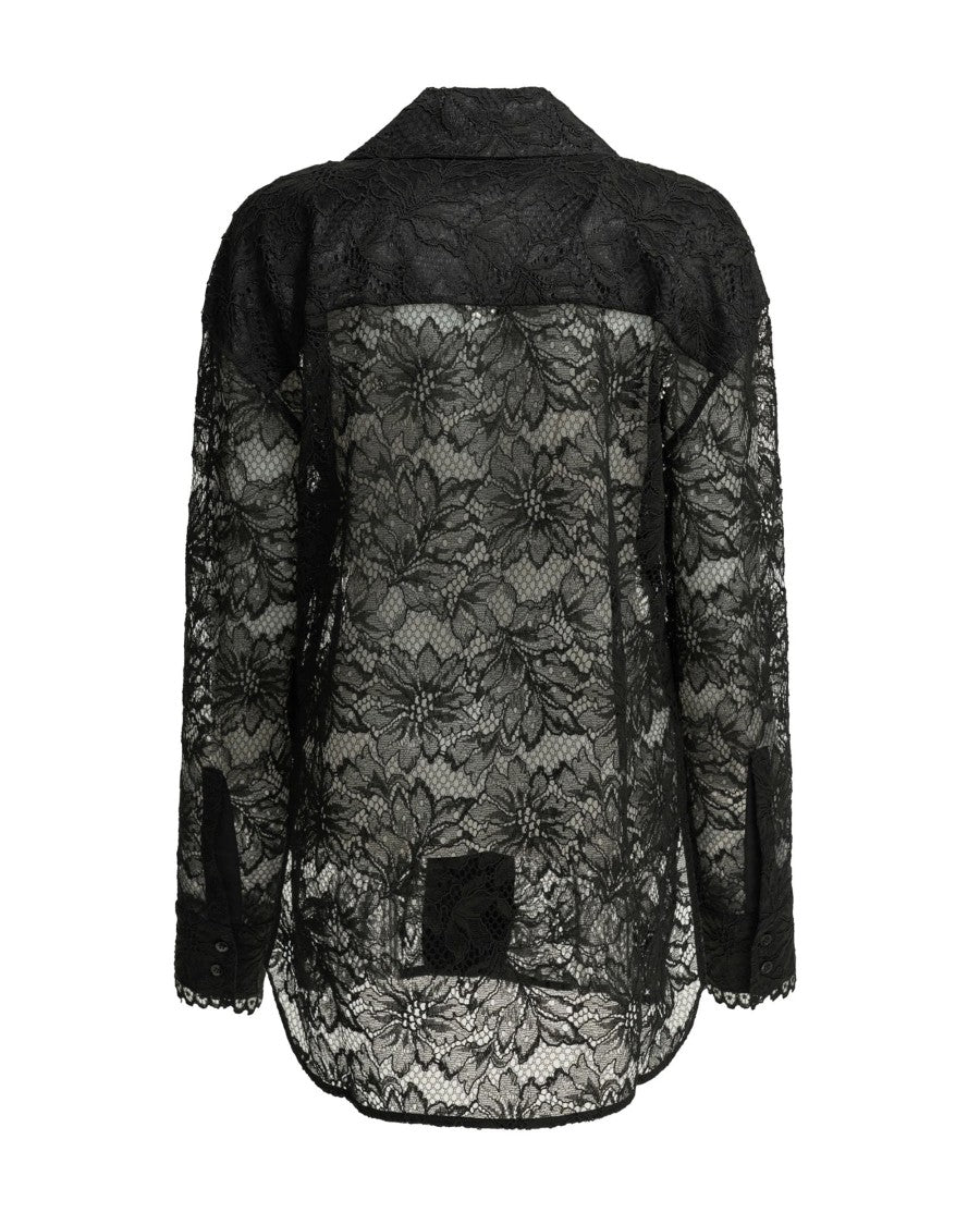 Sportmax Black Floral Lace Oversized Shirt With Notched Collar And Poplin Accents