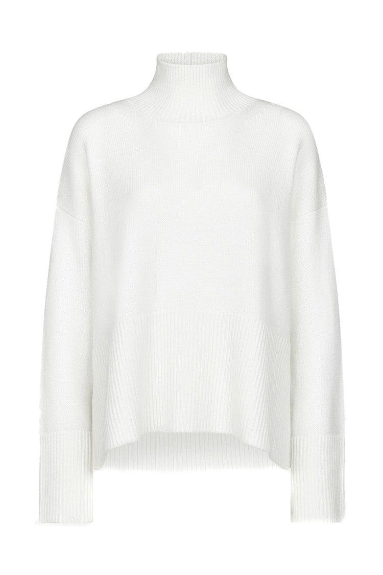 Dondup High-Neck White Wool Sweater With Ribbed Detailing