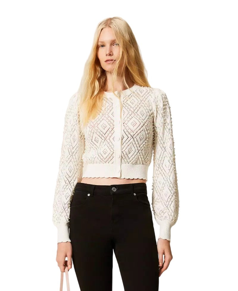 Twin-Set Cotton Punched Diamond Pearl Accent Scalloped Cardigan