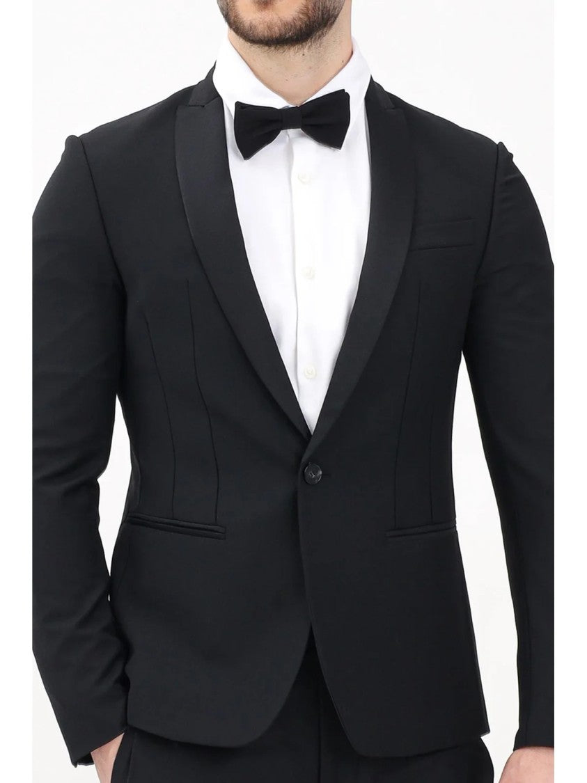Patrizia Pepe Black Fitted Button-Front Virgin Wool-Blend Blazer