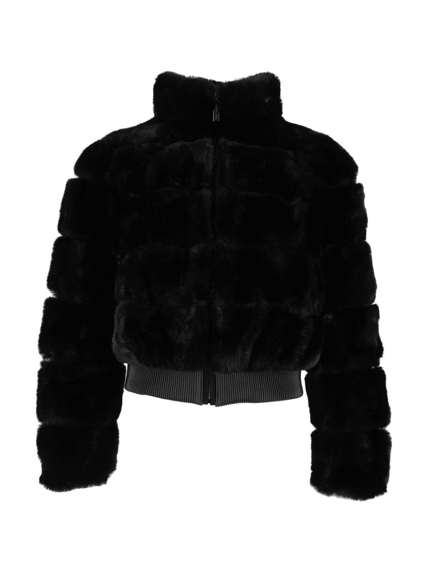 Michael Kors Striped Fur Short Bomber Jacket With High Collar