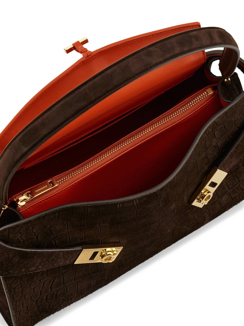 Ferragamo Structured Crocodile-Embossed Handbag With Gold-Tone Accents