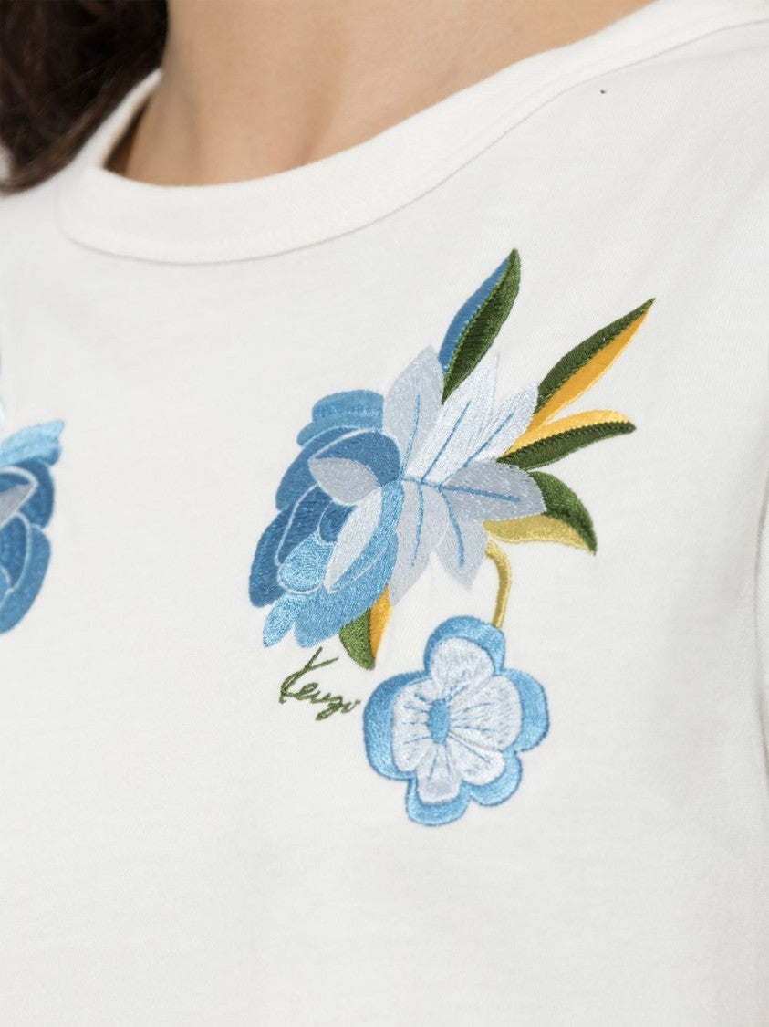 Kenzo Short-Sleeved White Top With Floral Embroidery