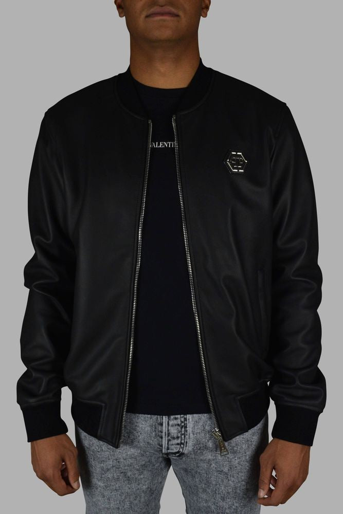 Philipp Plein Smooth Leather Bomber Jacket With Ribbed Detailing