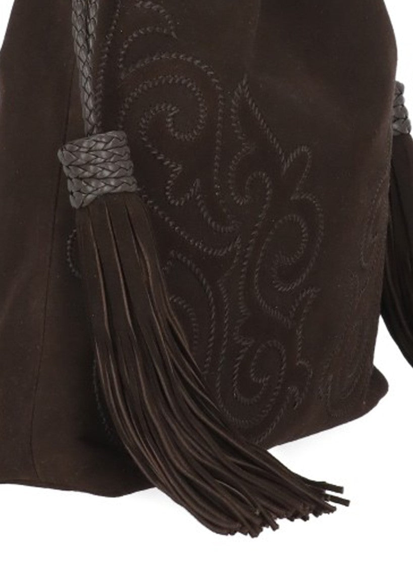 Etro Brown Kalispero Embroidered Fringe Suede Bag
