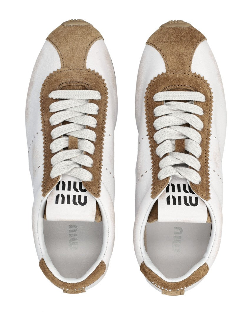 Miu Miu Bleached Nappa Leather And Suede Sneakers With Sculpted Design