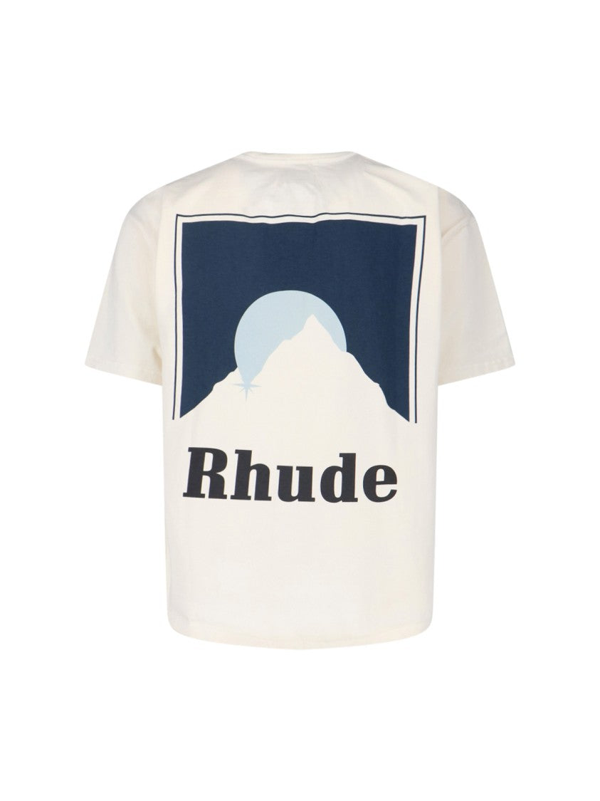Rhude Moonlight Graphic T-Shirt With Mountain Design And Ribbed Edges