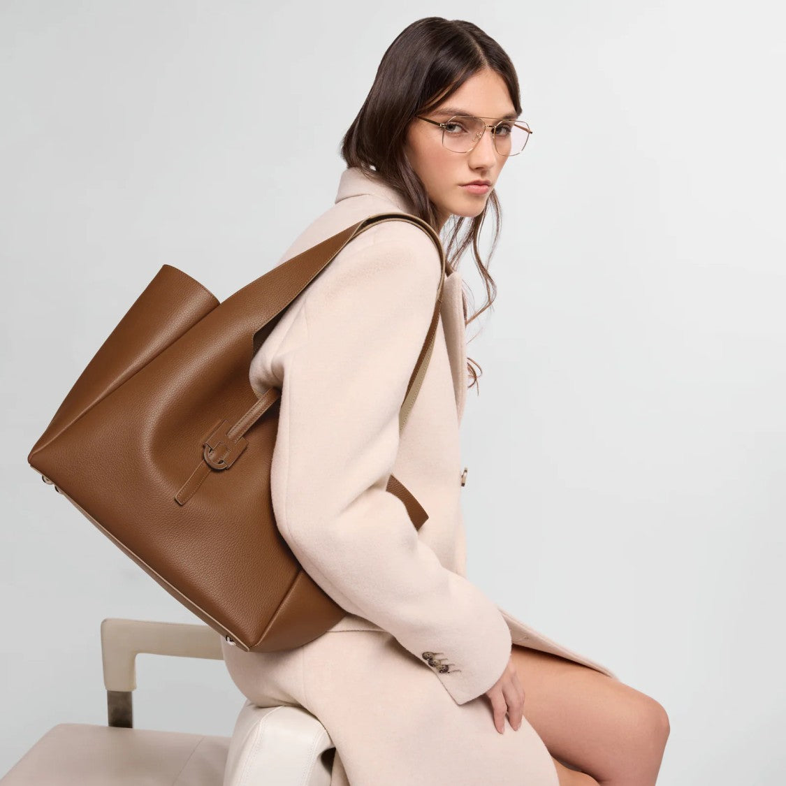 Hogan Brown Metallic Buckle Structured Tote Bag