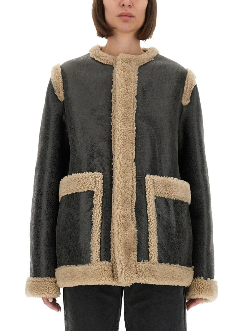 Mm6 By Maison Margiela Textured Black Shearling Jacket With Plush Trim