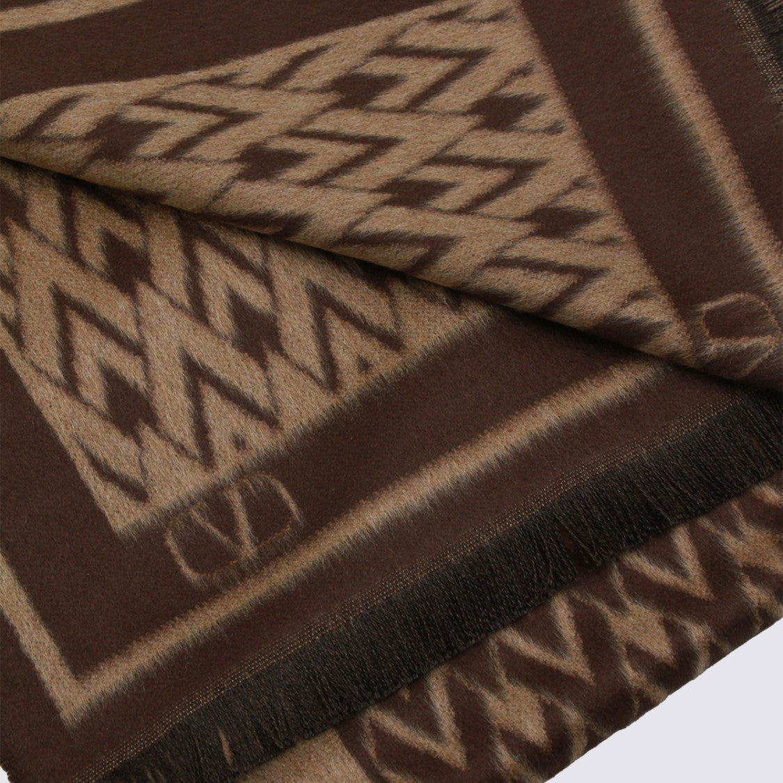 Valentino Garavani Rectangular Brown Geometric Pattern Scarf With Fringed Edges