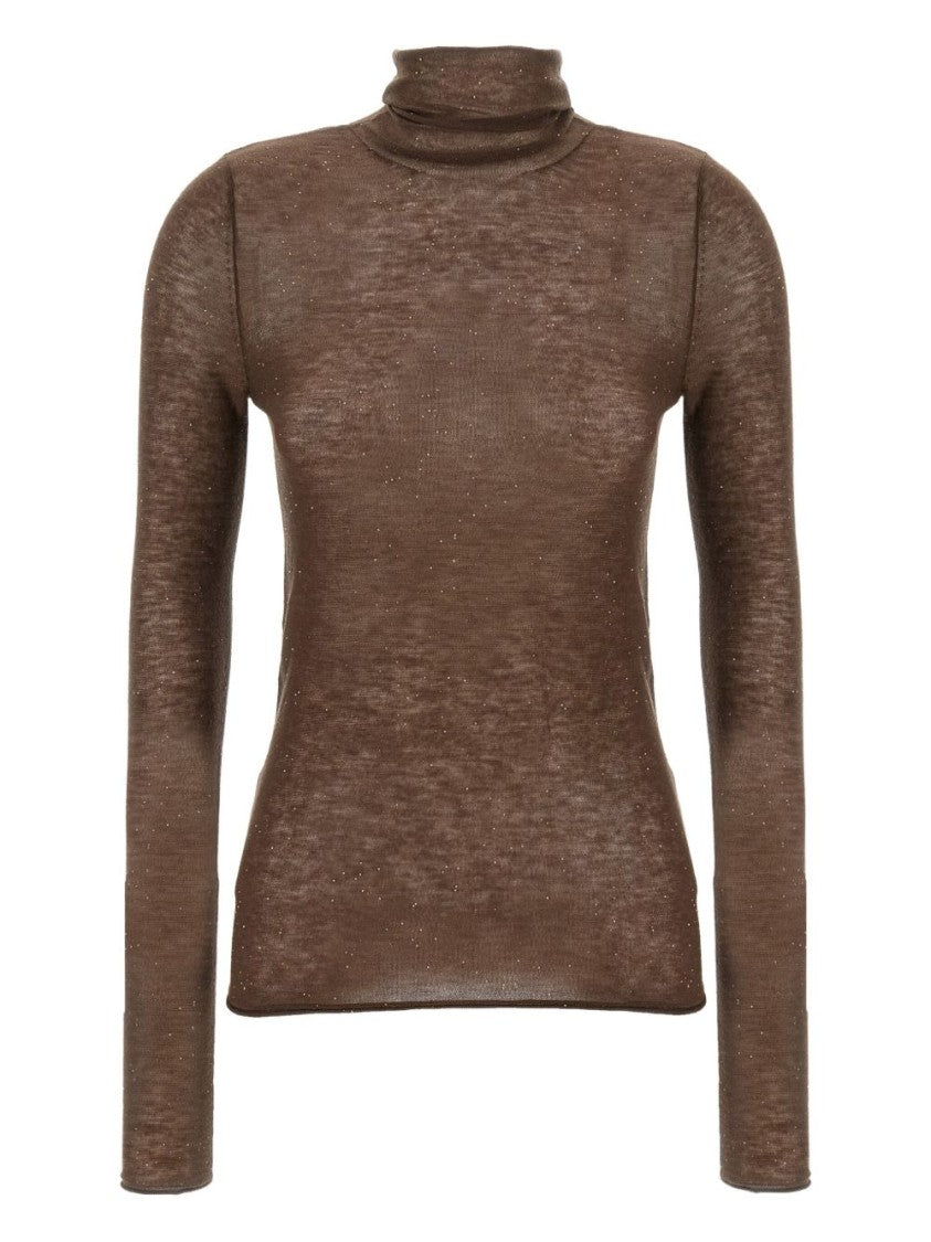 Pinko Fitted Brown Turtleneck Sweater With Subtle Sparkle