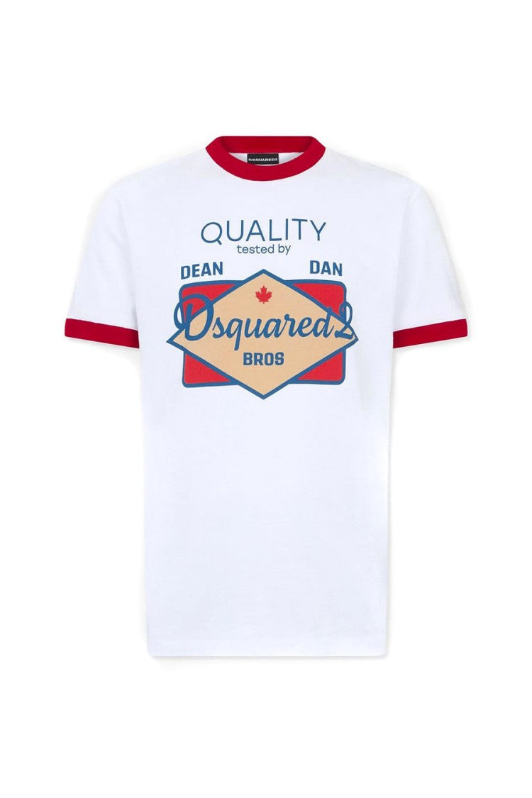 Dsquared2 White Multicolor Diamond Graphic Ringer Trim Cotton T-Shirt