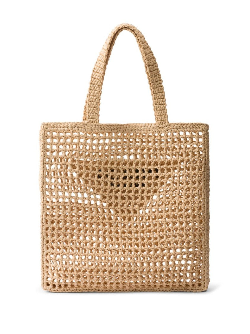 Prada Rectangular Woven Tote Bag With Triangular Patch