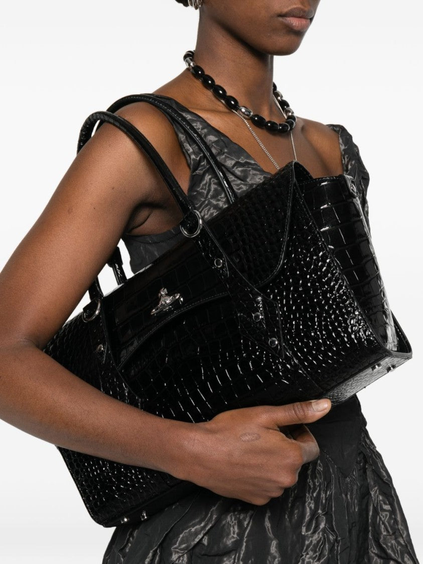 Vivienne Westwood Black Croc Embossed Top Handle Bag