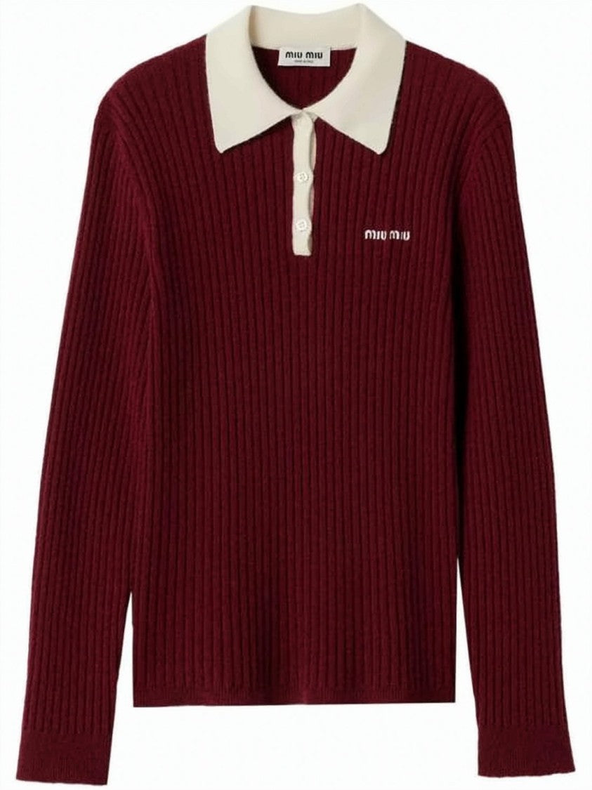 Miu Miu Ribbed Knit Sweater With Contrast Polo Collar